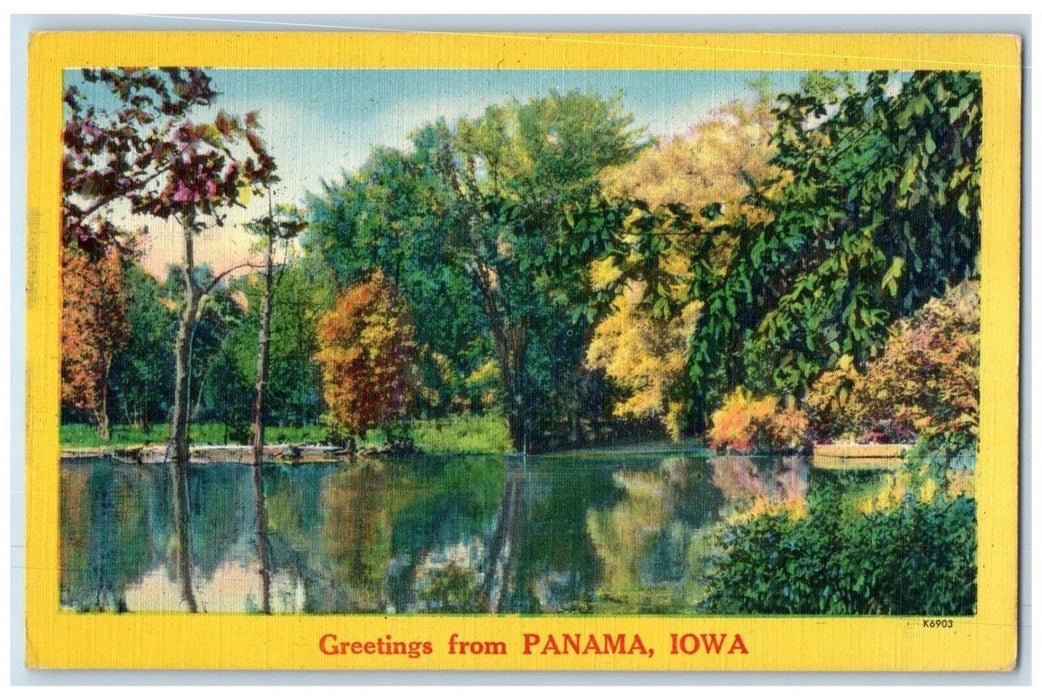 c1940's River Scene Greetings from Panama IA NYCE Colored Landscape Postcard