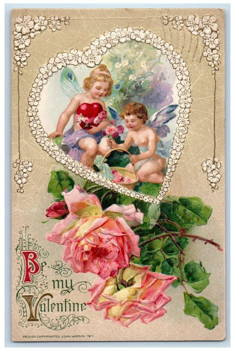 Valentine Heart Angel Butterfly Wings Flowers John Winsch Artist Signed Postcard