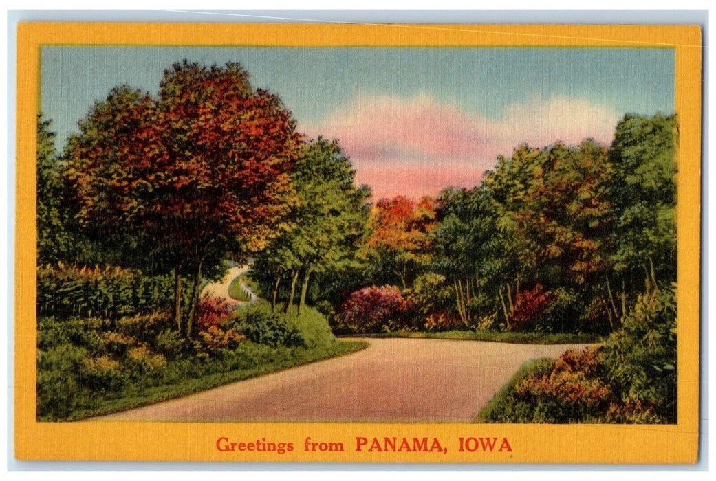 c1940's Road Trees Scene Greetings from Panama Iowa IA Vintage Postcard