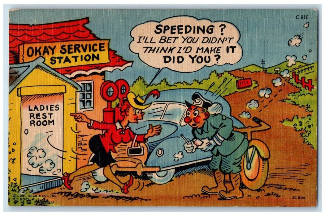 c1930's Man Service Station Rest Room Speeding Car Unposted Vintage Postcard