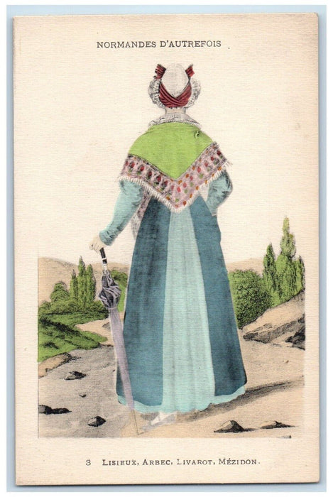 c1930's Woman Old Normandy France Costume Umbrella Unposted Vintage Postcard