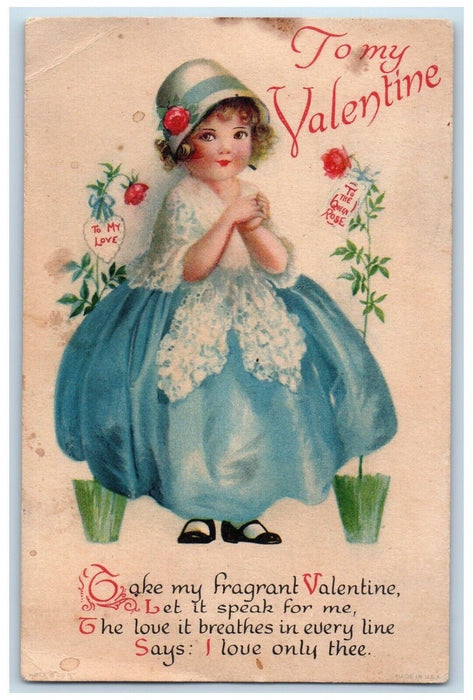 c1910's Valentine Pretty Girl Dress Flowers Wolf Clapsaddle Antique Postcard