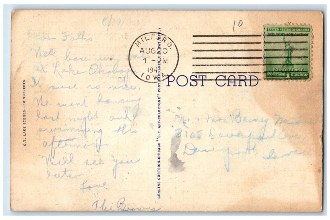 c1940's Boating Greetings from Milford Iowa IA Key City To Lake Okoboji Postcard