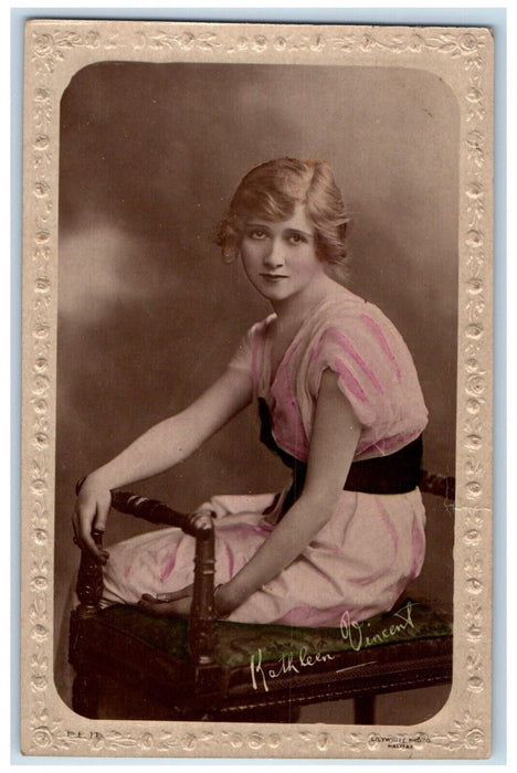 c1910's Kathleen Vincent English Actress Studio Portrait Embossed Postcard