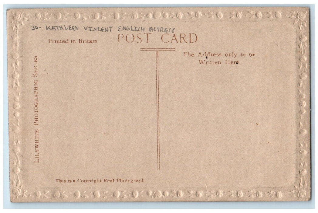 c1910's Kathleen Vincent English Actress Studio Portrait Embossed Postcard