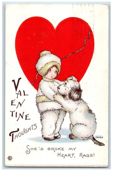 1922 Valentine Thoughts Big Heart Sad Girl And Dog She's Broke My Heart Postcard