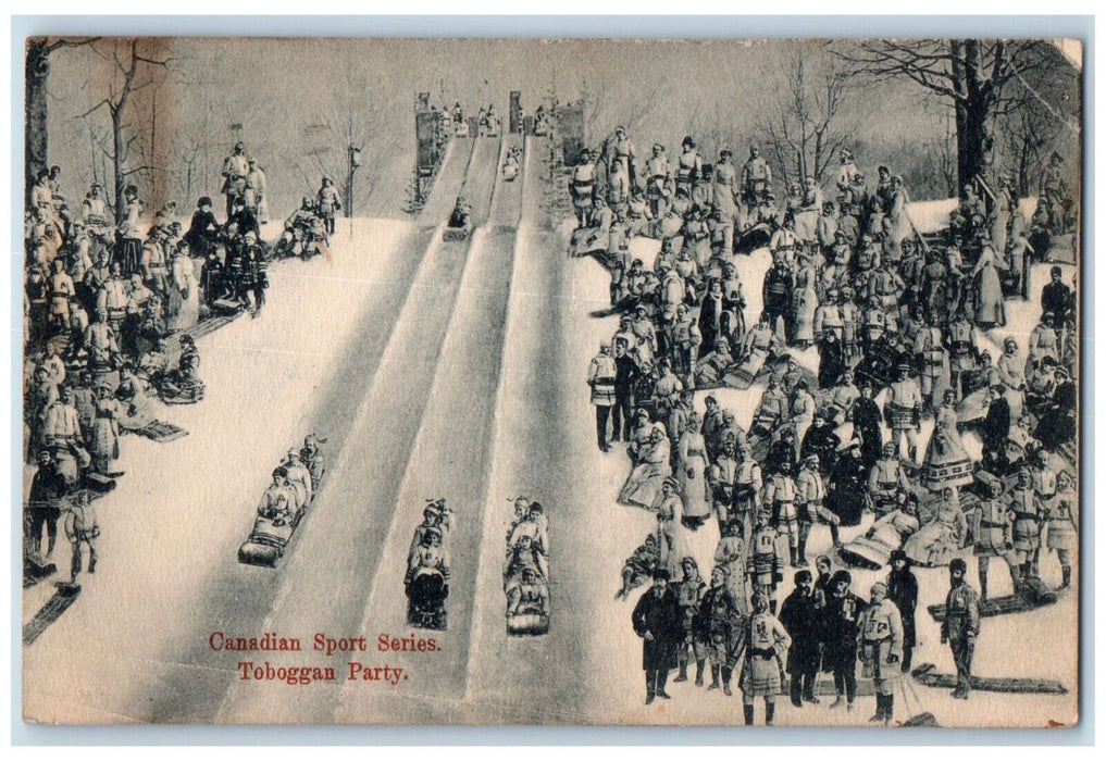 1914 Bobsled Winter Canadian Sport Series Toboggan Party Toronto Canada Postcard