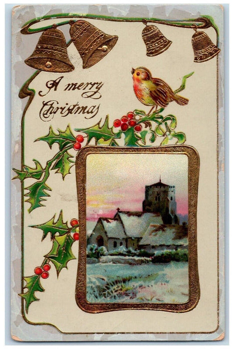 1910 Merry Christmas Song Bird Ringing Bells Berries Gel Gold Gilt Postcard