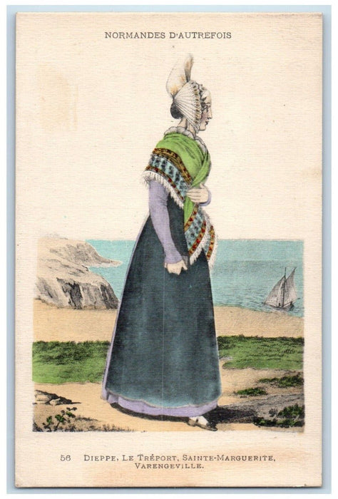 Woman Old Normandy France Costume Sea View Sailboat Unposted Vintage Postcard