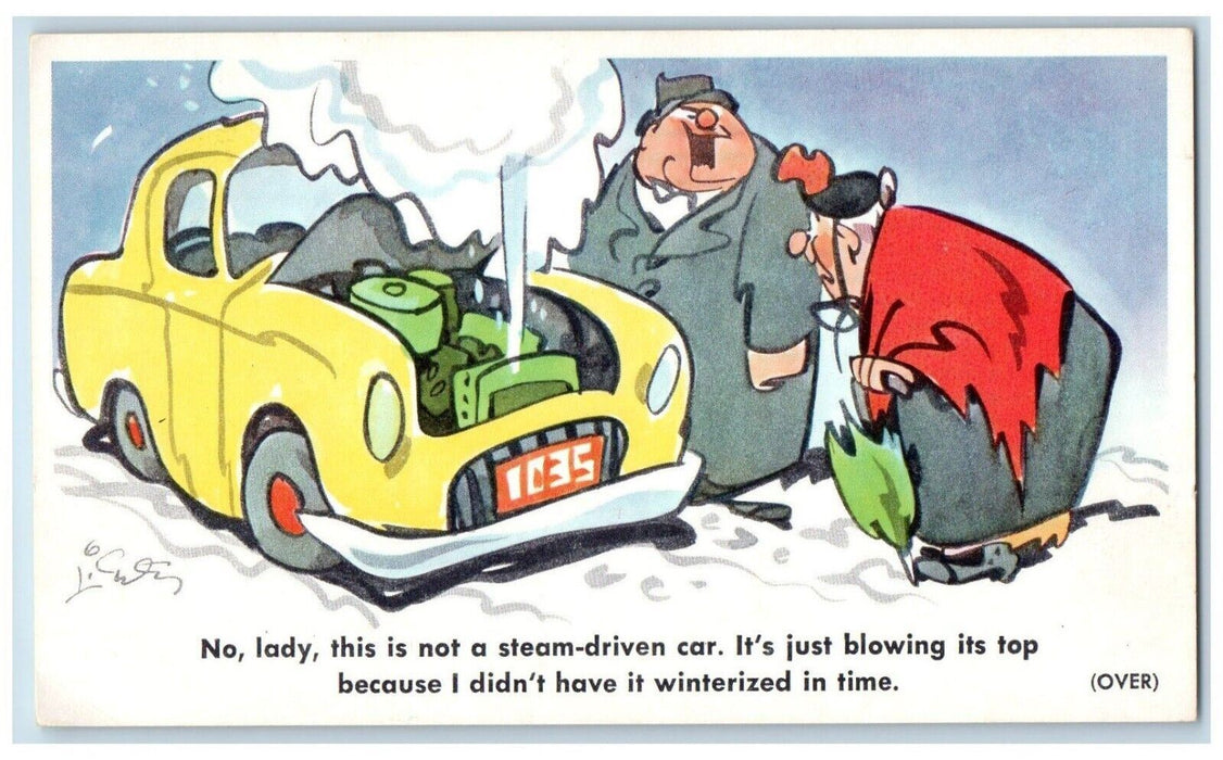 Fat Man And Woman Steam Car Humor Preston Anti Freeze Advertising Postcard
