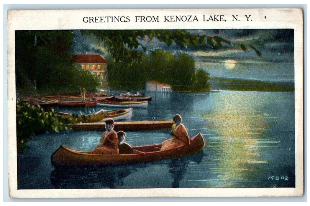 1931 Greetings From Kenoza Lake New York NY, Canoeing Boat Moonlight Postcard