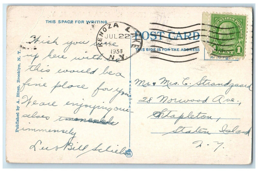 1931 Greetings From Kenoza Lake New York NY, Canoeing Boat Moonlight Postcard