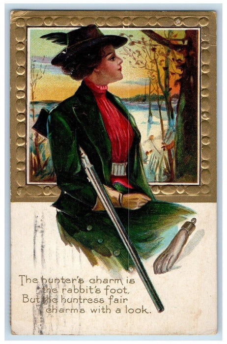 1914 Pretty Woman Hunters Charm Rabbits Foot Embossed Winchester VA Postcard