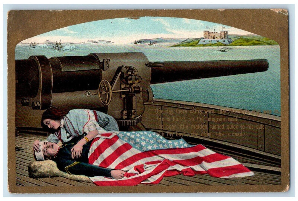 c1910's Wounded US Navy Soldier Flag Cannon Sea View Unposted Antique Postcard