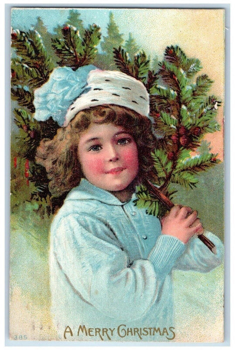1914 Merry Christmas Boy Pine Tree Westbrook CT Embossed Nash Antique Postcard
