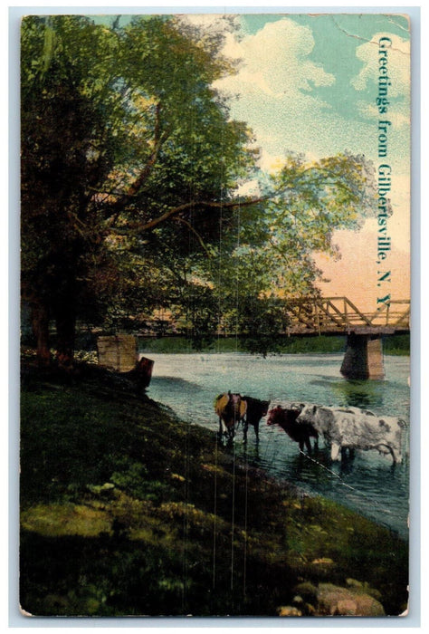 1912 Cows Bridge Greetings from Gilbertsville New York NY Posted Postcard
