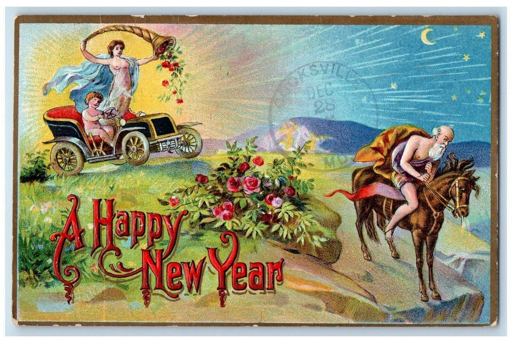 1910 New Year Car Riding Cornucopia Old Man Time Horse Embossed Antique Postcard
