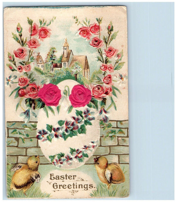 1908 Easter Greetings Egg Roses Flowers Chicks Embossed Antique Silk Postcard