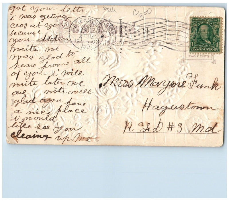 1908 Easter Greetings Egg Roses Flowers Chicks Embossed Antique Silk Postcard