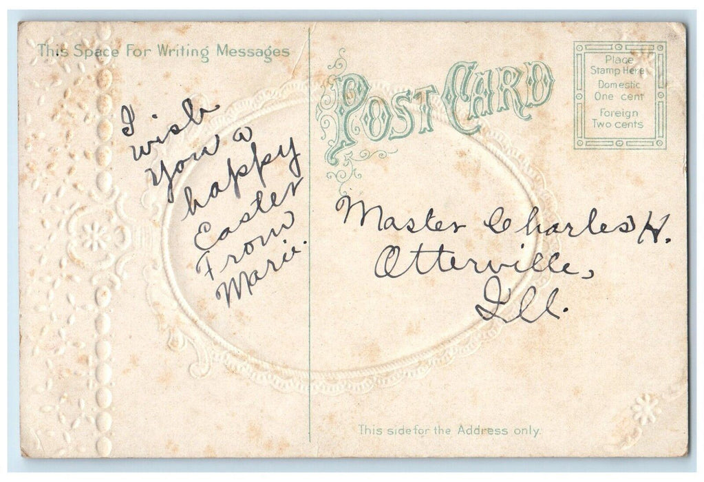 c1910's Easter Greetings Egg Bunny Rabbit Embossed Posted Antique Postcard