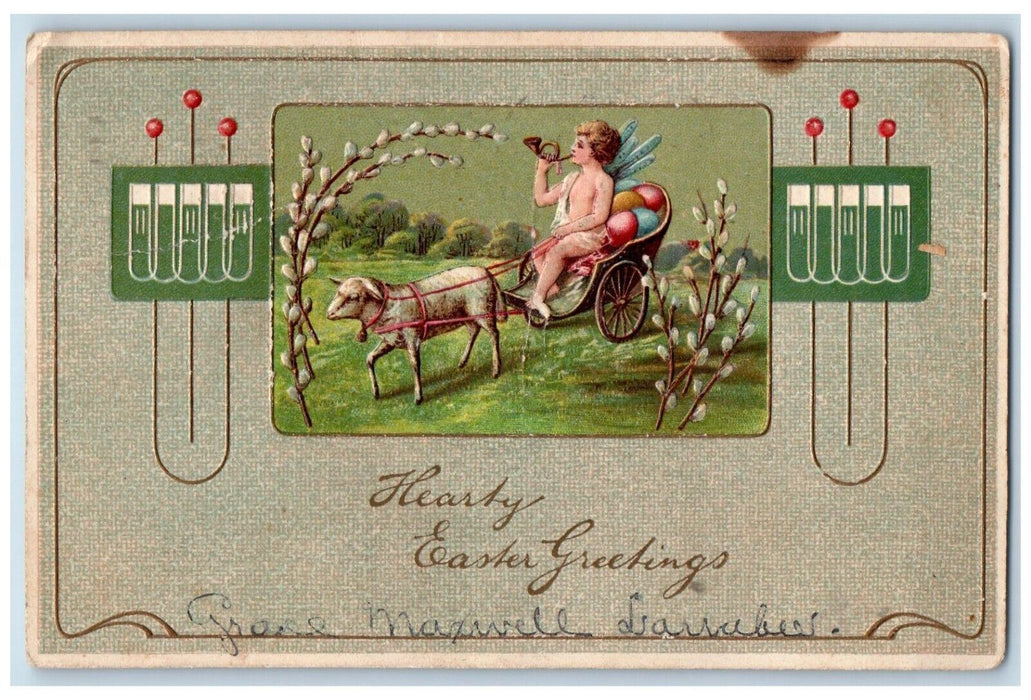 c1910's Easter Greetings Lamb Pulling Cart Angel Trumpet Eggs  Embossed Postcard