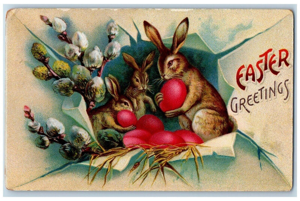 1919 Easter Greetings Bubby Rabbits Red Eggs Wheat Posted Antique Postcard