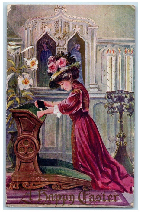 c1910's Happy Easter Pretty Girl Bended Knee Flowers Church Antique Postcard
