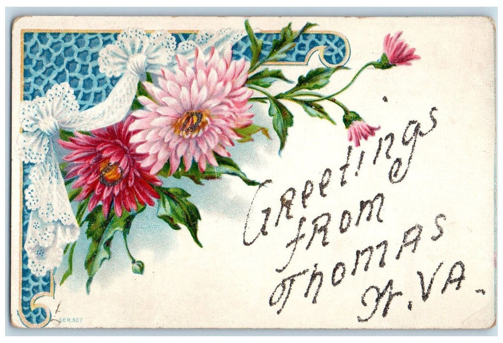 c1910 Greetings from Thomas West Virginia WV Embossed Floral Postcard