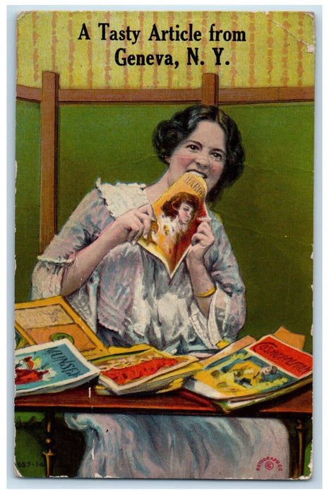 1912 Woman Biting Book A Tasty Article from Geneva New York NY Postcard