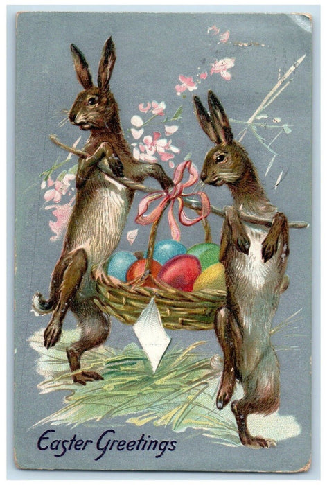 1908 Easter Greetings Bunny Rabbits Basket Of Eggs Embossed Tuck's Postcard