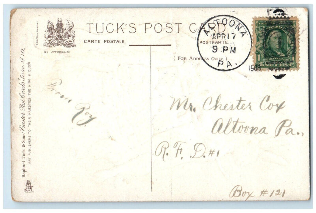 1908 Easter Greetings Bunny Rabbits Basket Of Eggs Embossed Tuck's Postcard