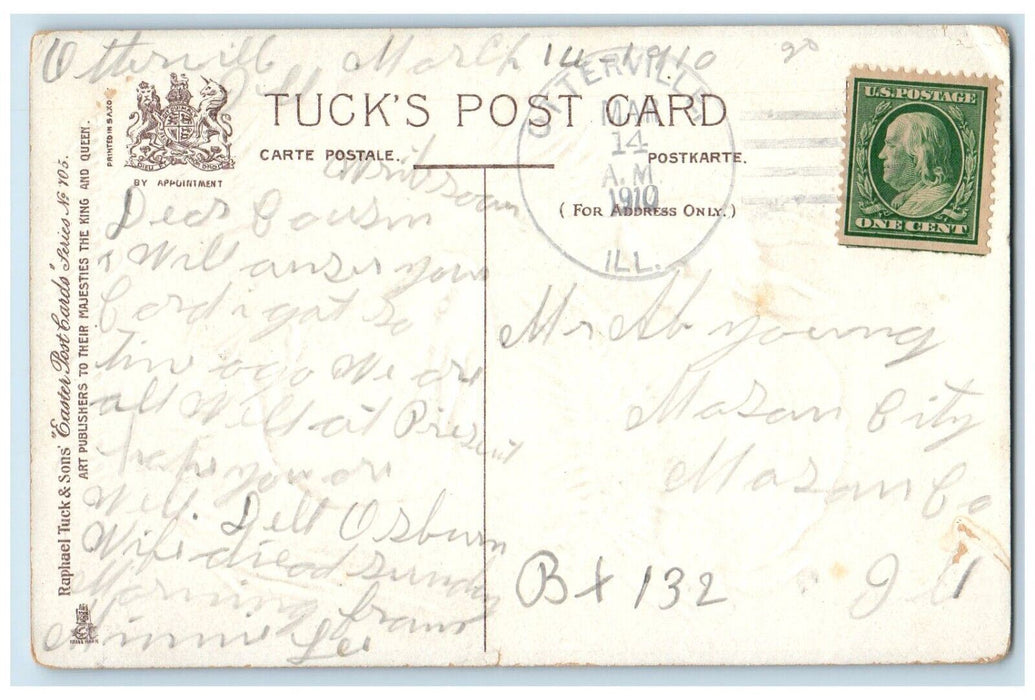 1910 Easter Greetings Bunny Rabbits Flowers Grass Otterville IL Tuck's Postcard