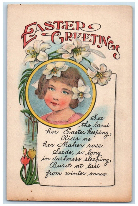 c1910's Easter Greetings Cute Girl White Lily Flowers Unposted Antique Postcard