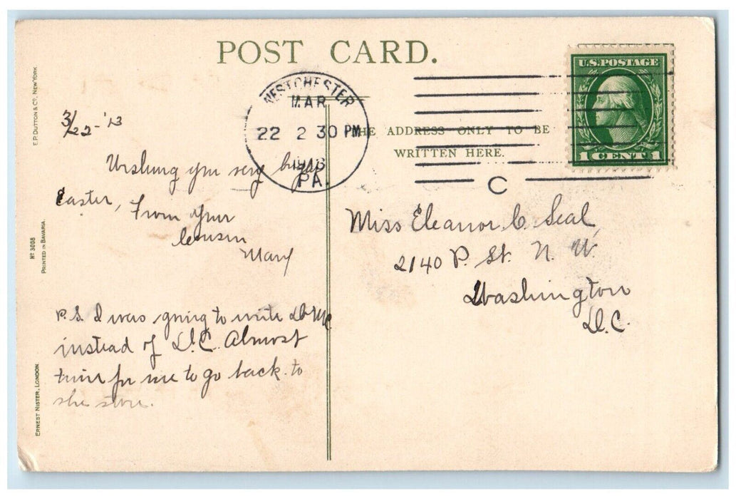 1913 Easter Greetings Bunny Rabbit Egg Westchester Pennsylvania PA Postcard