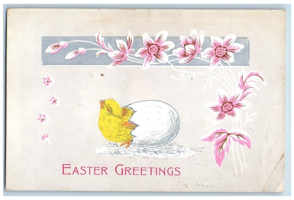 c1910's Easter Greetings Hatched Egg Chick Pink Flowers Chatham NJ Postcard