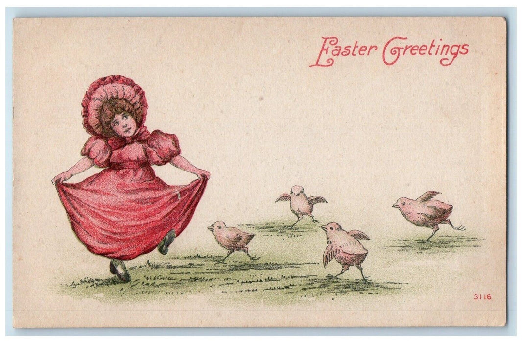 c1910's Easter Greetings Girl Dress Red Playing Chicks Posted Antique Postcard