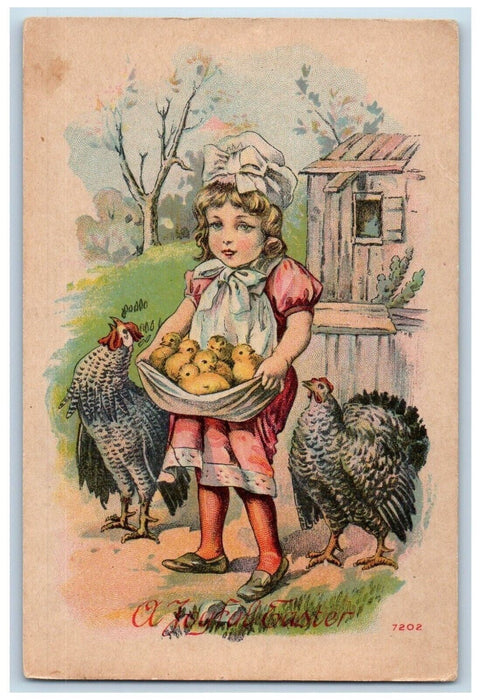 c1910's Joyful Easter Girl Cached Chicks Chicken Hen Winsch Back Postcard