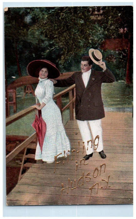 c1910 Couple in Bridge Flirting in Hudson New York NY Glitter Postcard