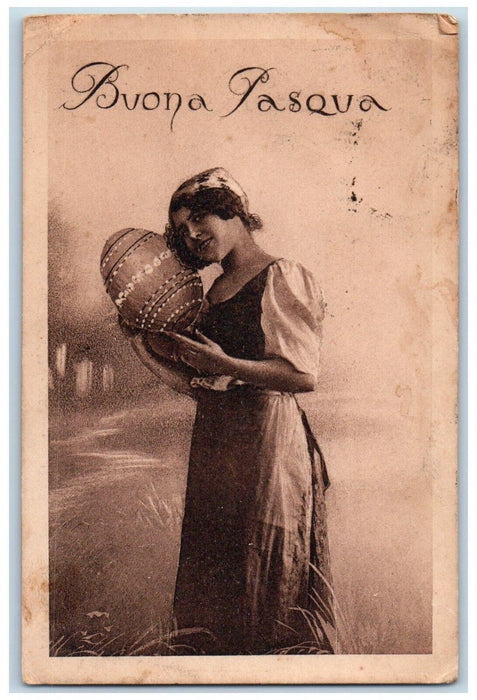 1927 Happy Easter Buona Pasqua Pretty Girl With Egg Posted Vintage Postcard