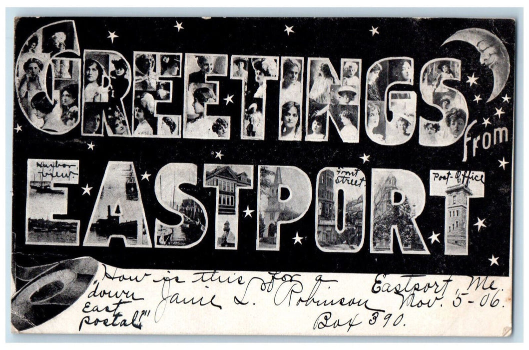 1906 Greetings from Eastport Maine ME Large Letter Moon Stars Postcard