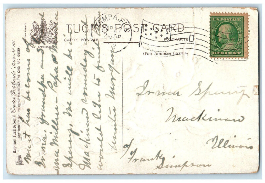 1912 Easter Bunny Rabbits Flowers Embossed Tuck's Tampa Florida FL Postcard