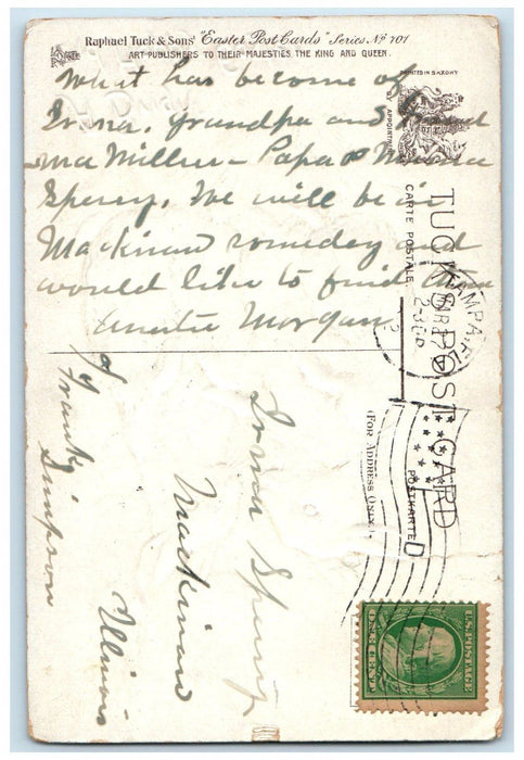 1912 Easter Bunny Rabbits Flowers Embossed Tuck's Tampa Florida FL Postcard