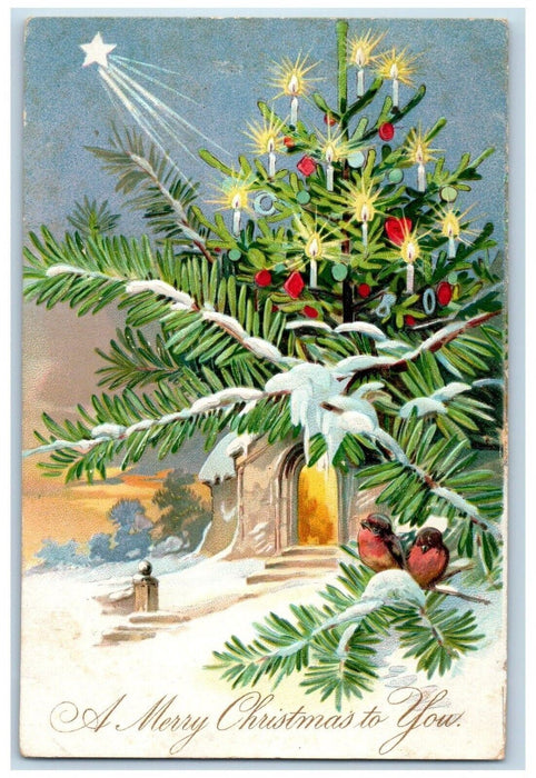 1906 Christmas Pinecone Decorated Candles Balls Winter Snow Embossed Postcard