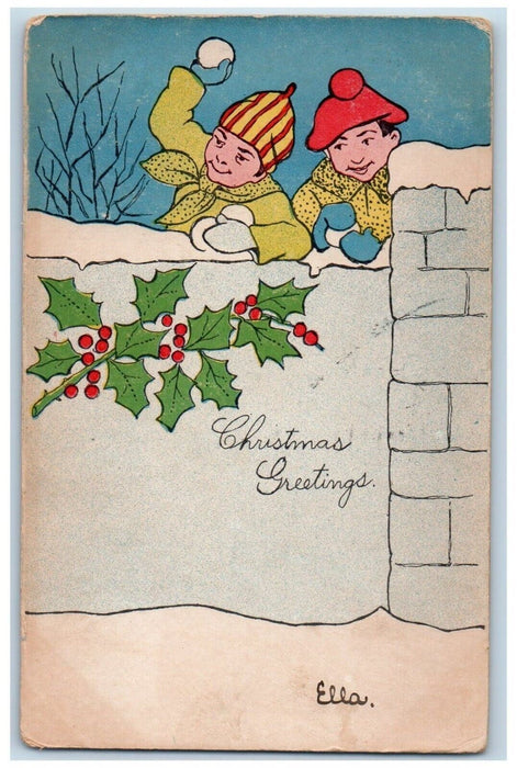 1905 Christmas Greetings Boys Throwing Snowball Winter Embossed Ella Postcard