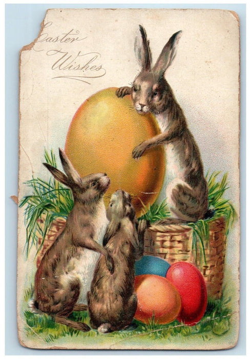 c1905 Easter Wishes Bunny Rabbits Egg Basket Grass Embossed Tuck's Postcard