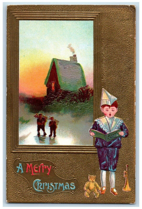 1909 Christmas Father Child Boy Reading Book Trumpet Doll Gold Border Postcard