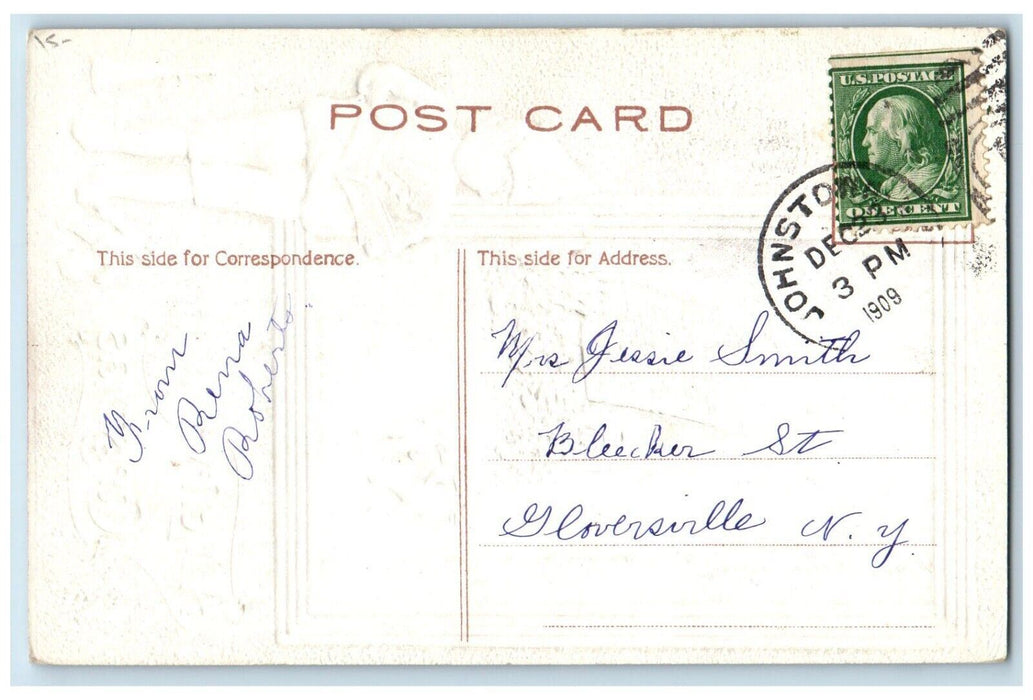 1909 Christmas Father Child Boy Reading Book Trumpet Doll Gold Border Postcard