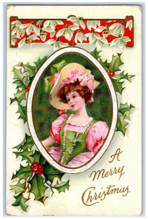 1910 Christmas Pretty Girl Big Hat Flowers Holly Berries Embossed Postcard