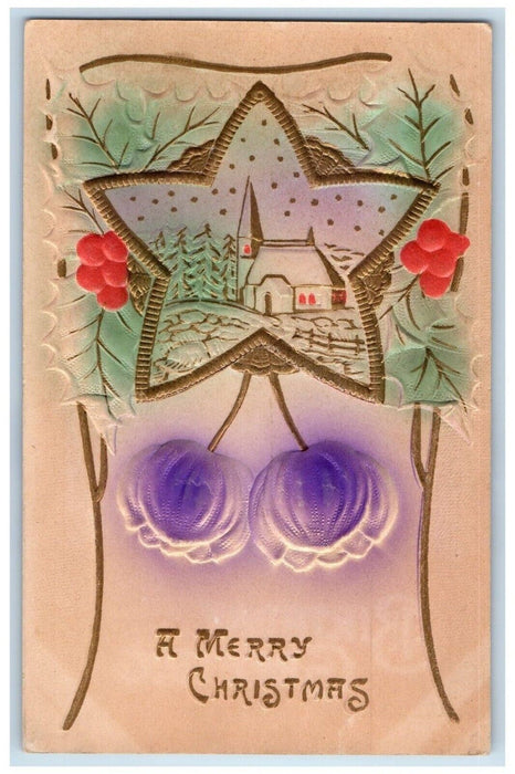 c1910's Christmas Gold Star And Holly Purple Flowers Embossed Antique Postcard