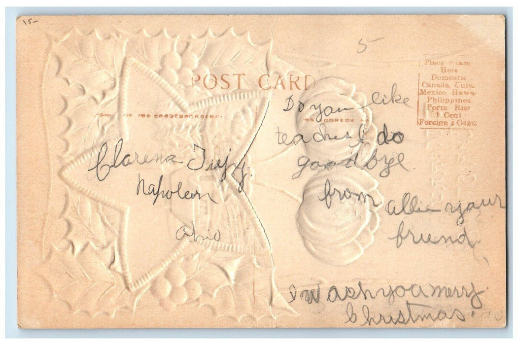 c1910's Christmas Gold Star And Holly Purple Flowers Embossed Antique Postcard